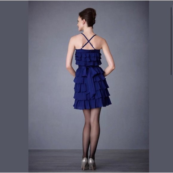 Size 12 NEW$200.00 ANTHROPOLOGIE VA ET VIEN SILK BLUE‎ RUFFLE PARTY DRESS W/TIE - Picture 3 of 13
